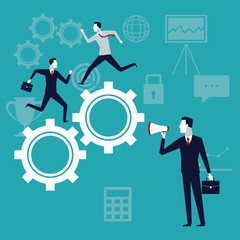 color background with executive group running in gears mechanism and businessman with megaphone vector illustration