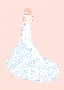 Beautiful Young Bride Wearing Wedding Dress with Pink Background