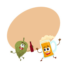 Funny beer glass and hop characters having fun, drinking, celebrating together, cartoon vector illustration with space for text. Funny beer glass and hop characters with smiling human faces