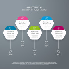 Icon Set and Infographics. Decorative Flags. Color vector time axis. Template with hexagons.