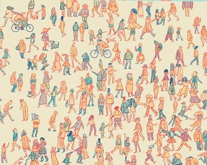 Crowd of Cartoon People Walking and Standing