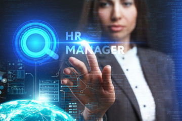 The concept of business, technology, the Internet and the network. A young entrepreneur working on a virtual screen of the future and sees the inscription: HR manager