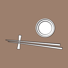 Bamboo Asian, Chinese, Japanese chopsticks lying on soy sauce bowl, sketch vector illustration isolated on brown background. Traditional Chinese, Japanese, Thai cuisine - chopsticks and soy sauce