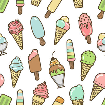 Vector cute colorful ice cream seamless pattern. Fresh and bright illustration with ice cream. Good for fabric, textile, wallpaper, wrapping paper.