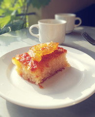 Portokalopita. Piece of orange pie. Greece dessert