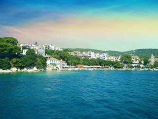 Fototapeta na wymiar Coast of Skiathos town. Skiathos island, Sporades archipelago. Greece.