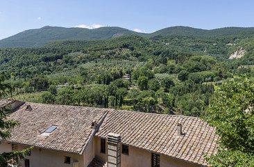 Fototapeta na wymiar Aerial view of rooftops and Tuscan countryside in Cetona, Siena, Italy, on a sunny day
