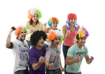Youngsters with wigs cheering 