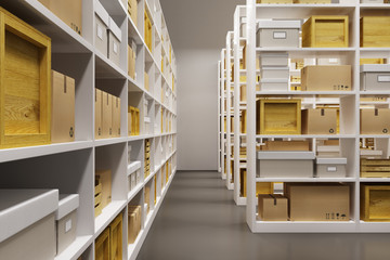 warehouse interior with rows of shelves with boxes