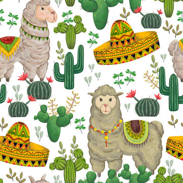 Seamless pattern with llama animal, sombrero, cacti and floral elements. Hand drawn vector illustration in watercolor style.