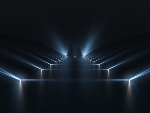 Futuristic dark podium with light and reflection background