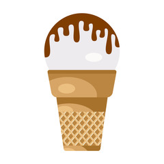 Ice cream ball with chocolate in a waffle horn. Vector illustration.
