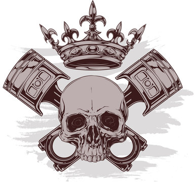 Graphic human skull with crown and crossed pistons