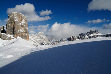 Beautiful Winter scene at Cinque Torri group in Dolomites, Veneto, Italy.
