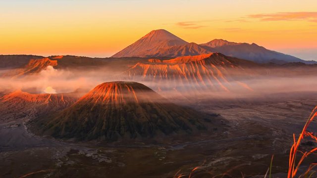 The Bromo Volcano Sunrise Landmark Nature Travel Place Of Indonesia  4K Time Lapse (zoom out)