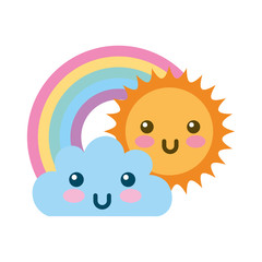 Beautiful fantasy cloud with sun and rainbows kawaii character vector illustration design