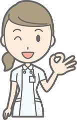 Illustration that a nurse wearing a white suit is doing an okay sign