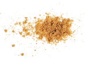 Unrefined light brown cane sugar pile isolated on white background, top view