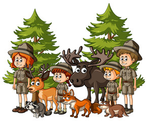 Obraz na płótnie Canvas Kids in safari outfit with many animals