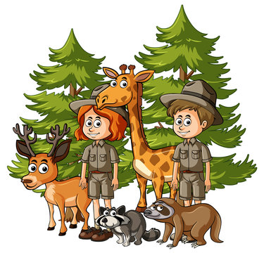 Zookeepers and many animals in forest