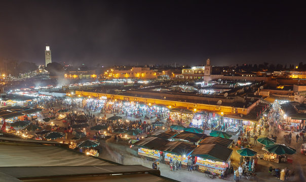 view of Djemaa el Fna, a square and market place in Marrakesh's medina quarter