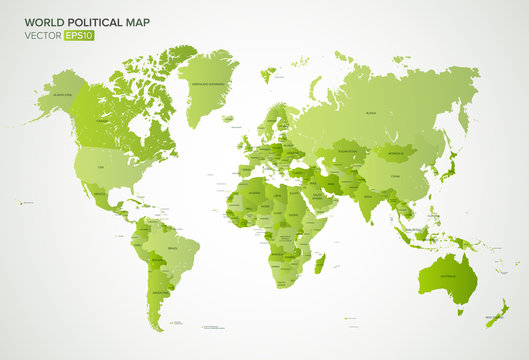 Vector political map with the names of all countries in green gradient color, vector illustration.