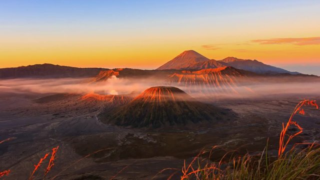 The Bromo Volcano Sunrise Landmark Nature Travel Place Of Indonesia  4K Time Lapse (zoom out)
