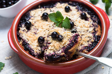 Homemade black currant crumble pie.