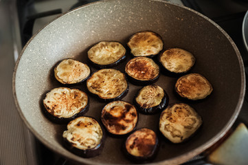 Slices of toasted eggplant.