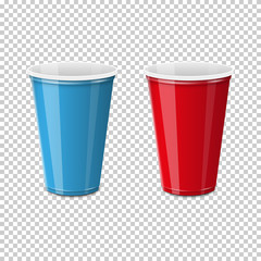 Plastic cup for single use of blue and red on a transparent background. Dishes for liquids consumption. Realistic vector illustration.