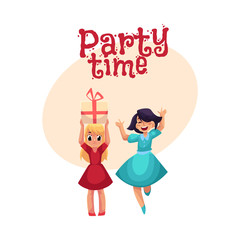 Two girls at birthday party, one dancing, jumping excitedly, another holding big gift, cartoon style invitation, banner, poster, greeting card design. Party invitation, advertisement, Happy girls