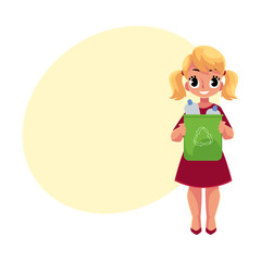 Girl holding trash bin with plastic bottles, garbage recycling concept, cartoon vector illustration with space for text. Full length portrait of girl with trash bin full of plastic bottles