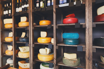 Cheese shop shelves, large assortment
