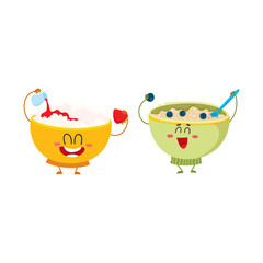 Two funny bowl characters - cottage cheese and oatmeal porridge, breakfast options, cartoon vector illustration isolated on white background. Cute and funny cottage cheese and oatmeal bowl characters