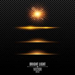 Set. Abstract glare and flashes isolated on a transparent background. Golden bright radiant star. Golden backlight. Orange soft neon lines and lights