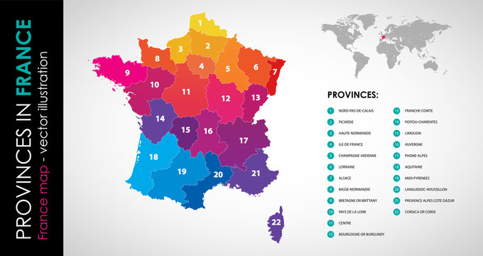 Vector map of France and provinces COLOR