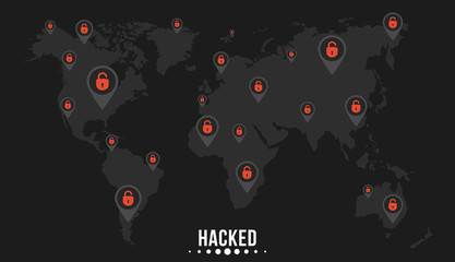 The marks with cracked red locks on the world map of the planet earth. Cybercriminals hacked the network. Soft black background. The system is hacked. Vector illustration