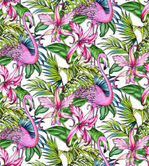 seamless pattern with palms and flamingo.