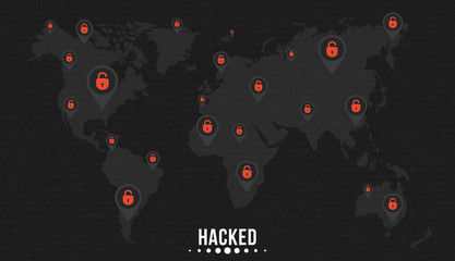 The marks with cracked red locks on the world map of the planet earth. Cybercriminals hacked the network. Soft black background with program code Vector illustration