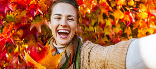 Portrait of cheerful young woman with autumn leafs making selfie