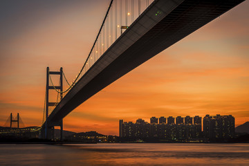 Sunset under the Tsing Ma Bridge of Hong Kong