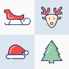 Symbols of Christmas and New Year celebration: thin line icons of deer, sled, Santa Claus hat, fir-tree for web page, banner, invitation, greeting card, print media. Vector illustration.