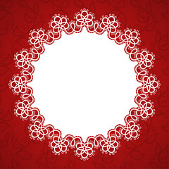 Round lace frame with a place for text. Background for wedding invitation, greeting card. Vector Illustration