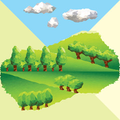 Abstract polygonal green landscape with trees on the mountain. Clouds in the backround