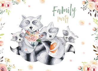 Cute baby raccon nursery animal isolated illustration for children. Bohemian watercolor boho forest raccons family drawing, watercolour image. Perfect for nursery posters, patterns. Birthday