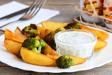 Homemade baked potatoes and broccoli with sauce on a plate and a wooden table. Easy baked potatoes and broccoli recipe. Delicious vegetarian lunch or dinner. Closeup