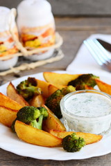Home baked potatoes and broccoli with sauce on a plate and a wooden table. Vegan potatoes and broccoli recipe. Delicious vegetable lunch or dinner. Vertical photo
