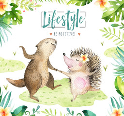 Hand drawn watercolor beaver and hedgehog dancing animals. Boho illustrations, jungle tree, brazil trendy art. Perfect for fabric design. Aloha bohemian collection. © kris_art