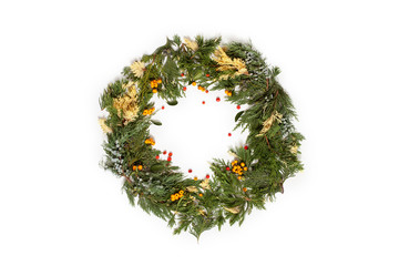 New year and Christmas wreath - fir green tree on white isolated background.