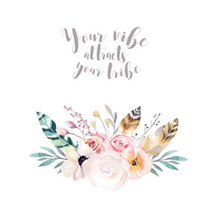 Obraz premium Hand drawing isolated watercolor floral illustration with leaves, branches, flowers and feathers. indigo Watercolour art illustration in vintage boho style. Greeting bohemian card